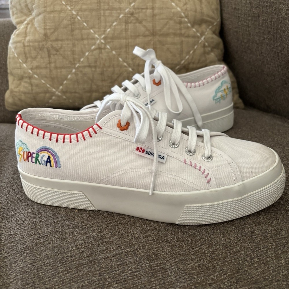 Superga 2740 Happy logo Embroidered White Canvas Lace Up Sneakers Sz 8
